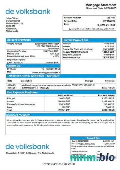 Holandia De Volksbank wyciąg z kredytu hipotecznego szablon Word i PDF